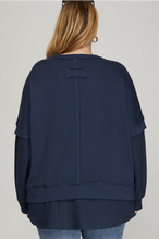 Load image into Gallery viewer, PLUS KATIE-LONG SLEEVE Navy CONTRAST Waffle knit/ fr. Terry SWEATSHIRT TOP
