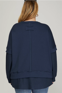 PLUS KATIE-LONG SLEEVE Navy CONTRAST Waffle knit/ fr. Terry SWEATSHIRT TOP