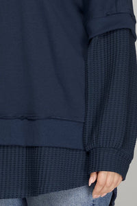 PLUS KATIE-LONG SLEEVE Navy CONTRAST Waffle knit/ fr. Terry SWEATSHIRT TOP