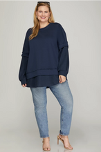 Load image into Gallery viewer, PLUS KATIE-LONG SLEEVE Navy CONTRAST Waffle knit/ fr. Terry SWEATSHIRT TOP
