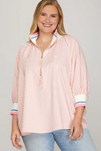 Load image into Gallery viewer, Plus Pink half zip striped high collar top
