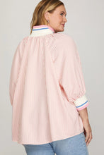 Load image into Gallery viewer, Plus Pink half zip striped high collar top
