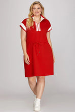 Load image into Gallery viewer, Plus LOU- Red  HALF ZIP WAIST DRAWSTRING KNIT MINI DRESS
