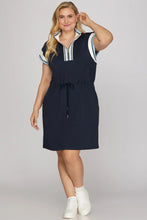 Load image into Gallery viewer, Plus LOU- Navy HALF ZIP WAIST DRAWSTRING KNIT MINI DRESS
