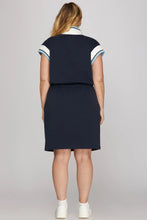 Load image into Gallery viewer, Plus LOU- Navy HALF ZIP WAIST DRAWSTRING KNIT MINI DRESS

