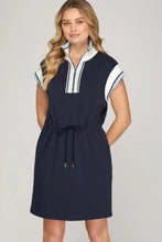 Load image into Gallery viewer, LOU- Navy  HALF ZIP WAIST DRAWSTRING KNIT MINI DRESS
