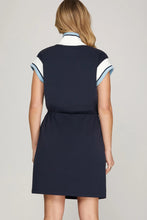 Load image into Gallery viewer, LOU- Navy  HALF ZIP WAIST DRAWSTRING KNIT MINI DRESS
