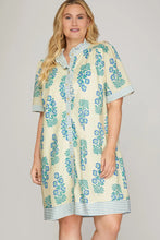 Load image into Gallery viewer, Victoria- Cream/Blue RUFFLED NECK BUTTON DOWN PRINTED MINI DRESS WITH POCKETS
