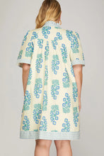 Load image into Gallery viewer, Victoria- Cream/Blue RUFFLED NECK BUTTON DOWN PRINTED MINI DRESS WITH POCKETS
