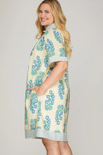 Load image into Gallery viewer, Victoria- Cream/Blue RUFFLED NECK BUTTON DOWN PRINTED MINI DRESS WITH POCKETS
