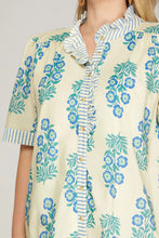Load image into Gallery viewer, Victoria- Cream/Blue RUFFLED NECK BUTTON DOWN PRINTED MINI DRESS WITH POCKETS
