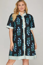 Load image into Gallery viewer, Victoria- Black/ Blue RUFFLED NECK BUTTON DOWN PRINTED MINI DRESS WITH POCKETS
