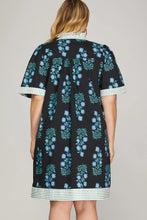 Load image into Gallery viewer, Victoria- Black/ Blue RUFFLED NECK BUTTON DOWN PRINTED MINI DRESS WITH POCKETS
