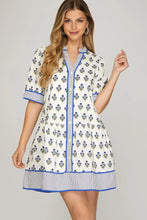 Load image into Gallery viewer, PRINTED white BUTTON DOWN MINI DRESS WITH CONTRAST DETAIL
