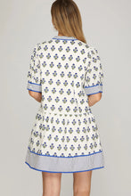 Load image into Gallery viewer, PRINTED white BUTTON DOWN MINI DRESS WITH CONTRAST DETAIL
