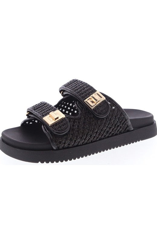 Black Raffia double buckle sandals LYON-56
