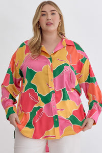 Plus San Trope- Peach yellow floral print button up top