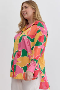 Plus San Trope- Peach yellow floral print button up top