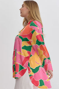 Plus San Trope- Peach yellow floral print button up top