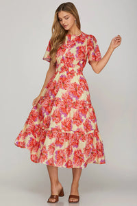 ZAZA- Midi length red/lavender floral print