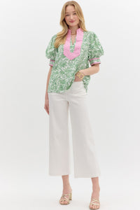 LIZA- Green/Pink Floral print short voluminous puff sleeve top