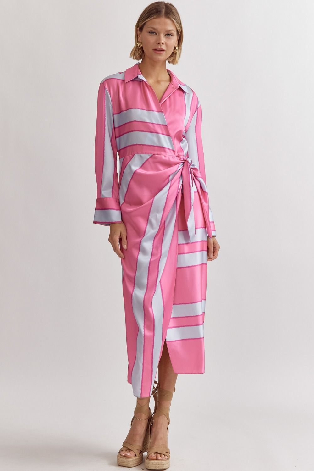 MILA- Pink Satin colorblock striped long sleeve maxi dress