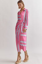 Load image into Gallery viewer, MILA- Pink Satin colorblock striped long sleeve maxi dress
