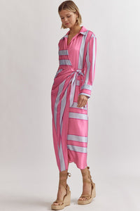 MILA- Pink Satin colorblock striped long sleeve maxi dress