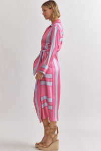 MILA- Pink Satin colorblock striped long sleeve maxi dress