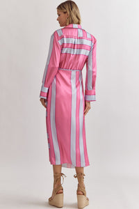 MILA- Pink Satin colorblock striped long sleeve maxi dress