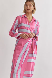 MILA- Pink Satin colorblock striped long sleeve maxi dress