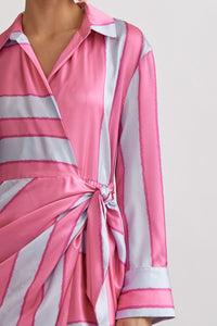 MILA- Pink Satin colorblock striped long sleeve maxi dress