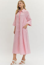Load image into Gallery viewer, Pink gingham print button down midi dress
