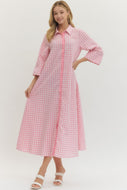 Pink gingham print button down midi dress
