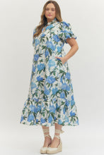 Load image into Gallery viewer, Plus Belle- Floral print ruffled neck short puff sleeve midi dress

