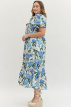 Load image into Gallery viewer, Plus Belle- Floral print ruffled neck short puff sleeve midi dress
