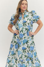 Load image into Gallery viewer, Plus Belle- Floral print ruffled neck short puff sleeve midi dress
