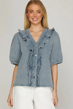 Load image into Gallery viewer, Lyndy- washed denim ruffle detail button up
