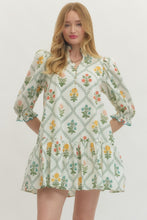 Load image into Gallery viewer, Floral print ecru ruffled neck band collar dress
