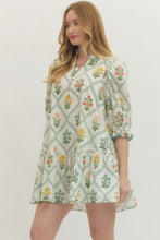 Load image into Gallery viewer, Floral print ecru ruffled neck band collar dress
