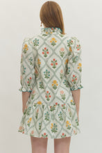 Load image into Gallery viewer, Floral print ecru ruffled neck band collar dress
