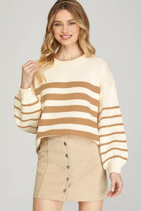 ANNIE- Taupe medium weight LONG SLEEVE STRIPED SWEATER TOP