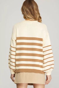 ANNIE- Taupe medium weight LONG SLEEVE STRIPED SWEATER TOP