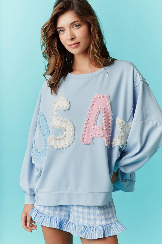USA pearl embroidered oversized blue sweatshirt