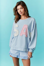 Load image into Gallery viewer, USA pearl embroidered oversized blue sweatshirt
