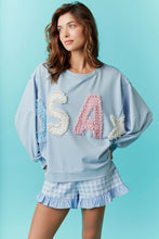 Load image into Gallery viewer, USA pearl embroidered oversized blue sweatshirt
