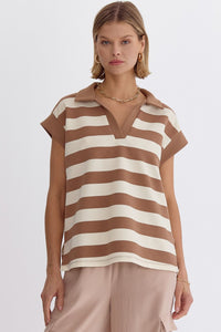 DANAE- mocha striped, collared, cap sleeve top