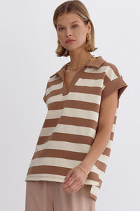 DANAE- mocha striped, collared, cap sleeve top