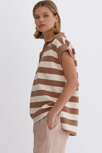 DANAE- mocha striped, collared, cap sleeve top