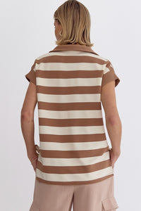 DANAE- mocha striped, collared, cap sleeve top